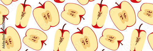 Seamless pattern with red apple. Sliced in half showing pit and quarter of an apple. Summer and autumn garden background. Perfect for textile, menu, packaging, kitchen design. Flat vector illustration