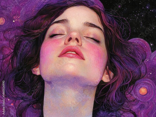 Serene portrait of a young woman with closed eyes, surrounded by swirling purple and cosmic elements