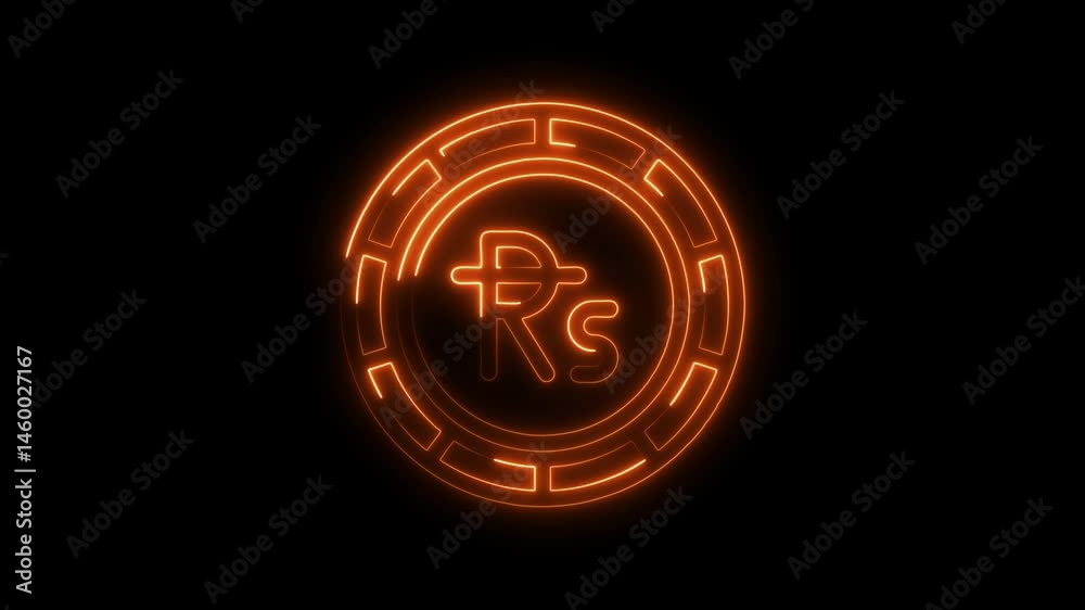 Glowing indian rupee symbol coin neon orange currency on black background