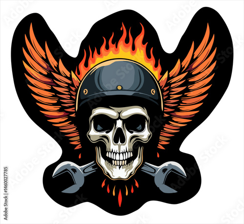 Biker vector t-shirt design with human skull,
motorcycle helmet, wings, fire, wrench on transparent background.
Fashionable print for fabric, men clothing,
hoodie, jacket. T shirt template with flame.