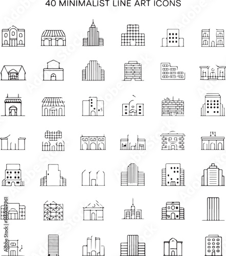 Set of 4 Line Art Building Icons — Minimalist Architecture and Structure Icons on White Background

