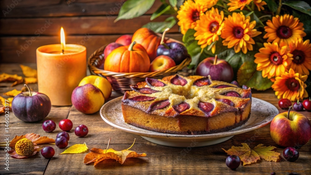 custom made wallpaper toronto digitalAutumnal Delight A Rustic Table Setting with a Homemade Plum Cake, Candles, Sunflowers, and a Scattered Array of Fall Fruits and Leaves