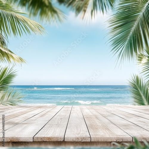 Wooden Table on a Beach with Palm Leaves and Ocean View