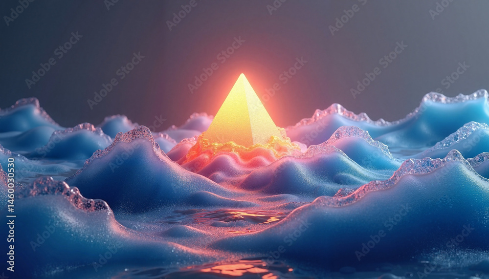 Abstract Digital Art - Glowing Pyramid Rising from Blue Waves