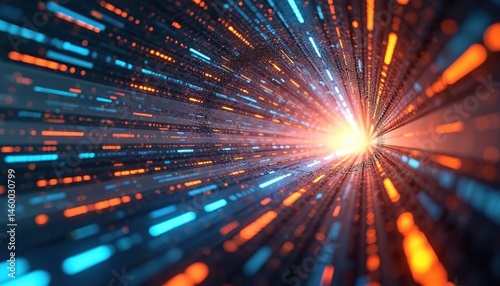 Fototapeta Naklejka Na Ścianę i Meble -  Futuristic digital data stream tunnel with orange, blue light particles. Abstract tech background, representing fast data transfer, information flow, network connection, innovation, modern tech