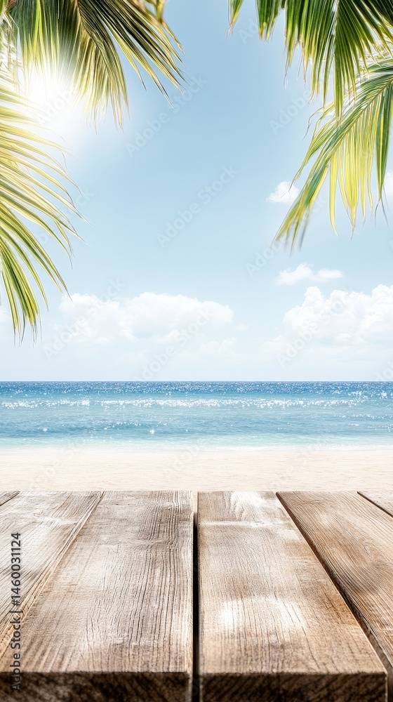 Fototapeta premium Wooden Table on a Beach with Palm Leaves and Ocean View