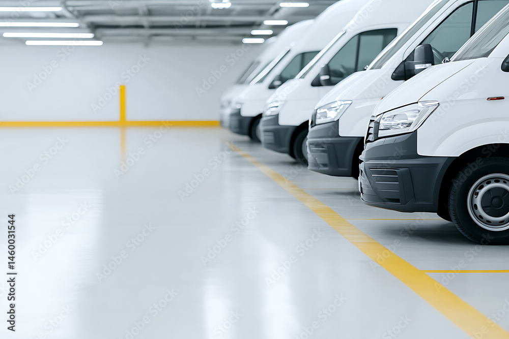 Naklejka premium A line of delivery vans parked in an indoor garage. The vehicles are white, and are lined up neatly. Yellow painted parking lines. Fluorescent lights in the ceiling.