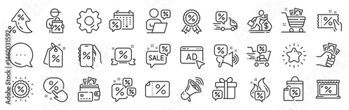 Discounts line icons. Settings gear, Message, Inflation icons. Sale Coupon, phone with percent sign, Discount price tag. Wholesale store market, calendar, hot deal line icons. Vector