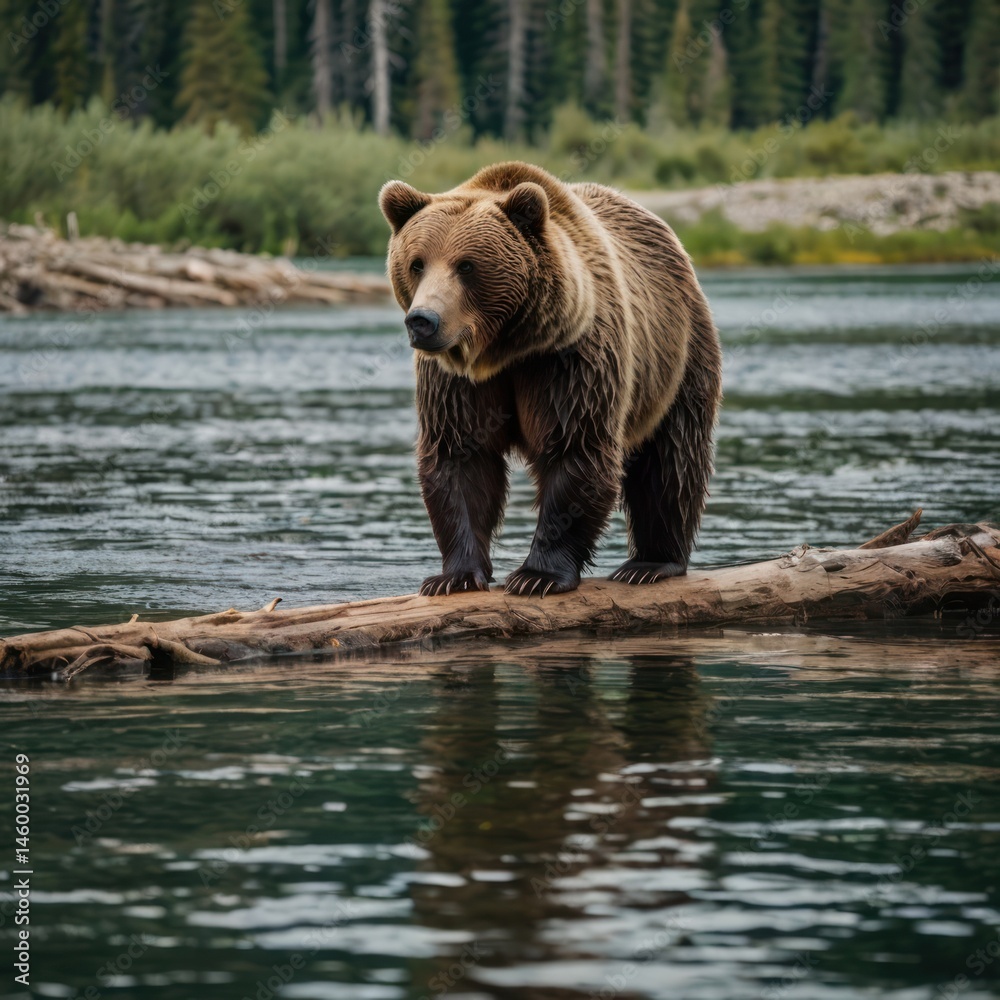 Obraz premium Grizzly bear on log in a river