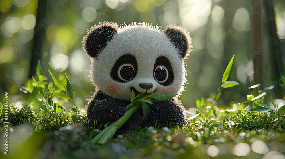 Cute panda cub enjoying bamboo in a lush forest setting Cute panda cub enjoying bamboo in a lush forest setting