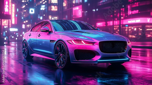 Futuristic vehicle in a vibrant neon cityscape.