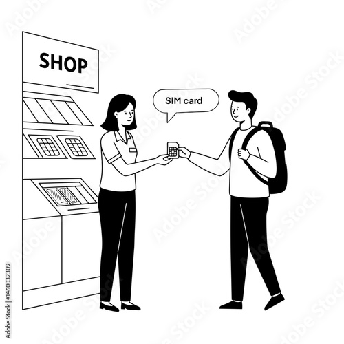 A sales consultant hands over a SIM card to a tourist