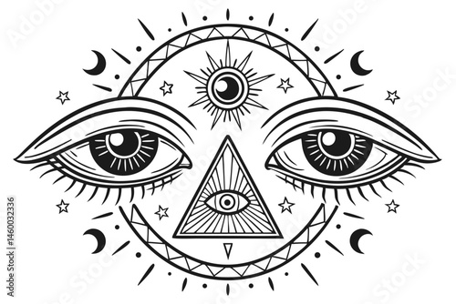 57 Vintage occult eyes, mystical symbols, black and white illustration, detailed engraving style, symmetrical designs, all-seeing eye motif, esoteric imagery, surreal visionary art, ornate eyelashes, 