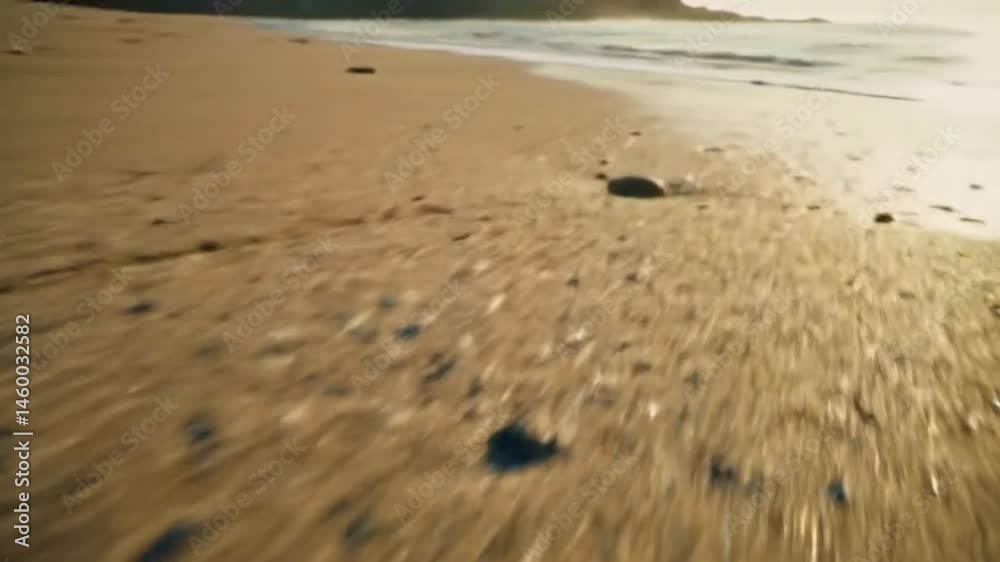 Low Angle View of Waves Washing Over Sandy Beach