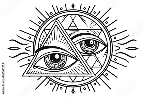 57 Vintage occult eyes, mystical symbols, black and white illustration, detailed engraving style, symmetrical designs, all-seeing eye motif, esoteric imagery, surreal visionary art, ornate eyelashes, 