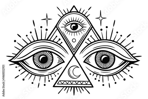57 Vintage occult eyes, mystical symbols, black and white illustration, detailed engraving style, symmetrical designs, all-seeing eye motif, esoteric imagery, surreal visionary art, ornate eyelashes, 