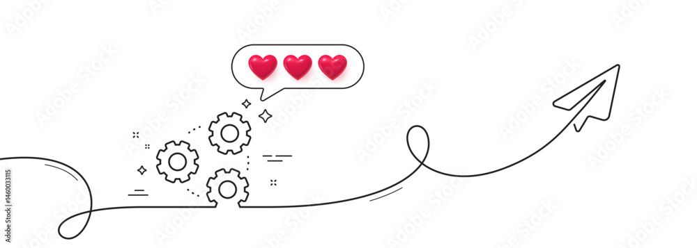 Gears line icon. Continuous line with share plane. Teamwork cogwheel sign. Working process symbol. Hearts rate review in speech bubble. Gears single line ribbon. Loop curve pattern. Vector