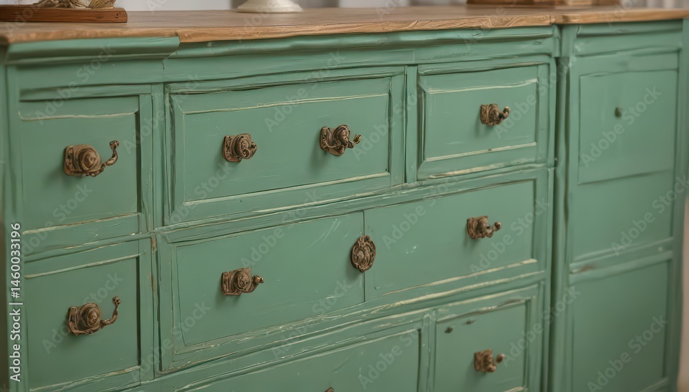 Fototapeta premium Antique green painted dresser with multiple drawers, home decor, emerald, rustic