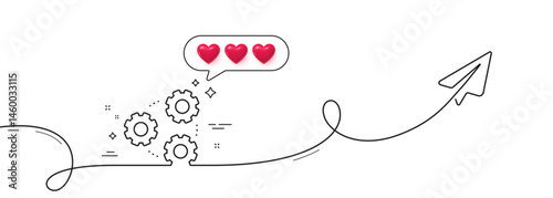 Gears line icon. Continuous line with share plane. Teamwork cogwheel sign. Working process symbol. Hearts rate review in speech bubble. Gears single line ribbon. Loop curve pattern. Vector