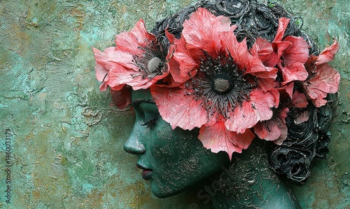 Serene sculpted head adorned with vibrant poppies, set against a textured backdrop