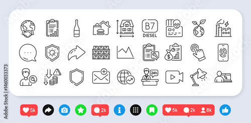 Checklist, Spanner and Deflation line icons pack. Social media: share, comment, like icons. New mail, Electricity factory, Food delivery web icon. Fingerprint, Video camera, Report pictogram. Vector