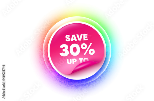 Discount sticker rainbow gradient. Paper offer price tag. Save up to 30 percent tag. Discount Sale offer price sign. Special offer symbol. Sticker label. Grain dots effect. Vector