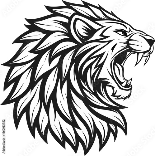 Stylized black and white lion head silhouette illustration with intricate mane details black illustration of two lion heads showing strength and power on a white background Detailed Lion Head