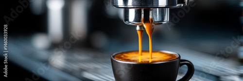 Espresso Shot: Close-up Extraction - Rich espresso pouring into cup, steam, crema, dark roast coffee beans, cafe culture. Symbolizes energy, morning ritual, caffeine boost, Italian tradition