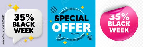Black week speech bubble. 3d sparkles chat, Paper sticker. Black week 35 percent sale. Special discount sign. Black friday offer symbol. Special offer bubble. Halftone dots pattern. Vector