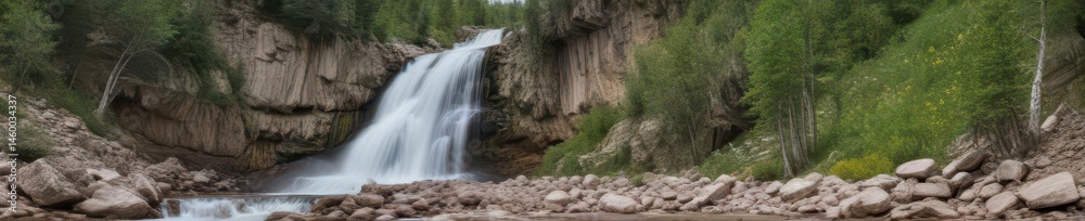 Obraz premium Breathtaking panoramic view of Scout Falls cascading down Mount Timpanogos , mountains, Utah, alpine