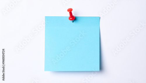 Push pin holding blank light blue sticky paper note isolated on white. Empty template. Mock-up.