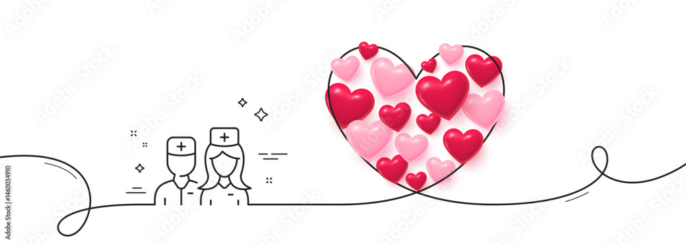 Doctor line icon. Continuous line big heart. Surgeon with nurse sign. Medical staff symbol. 3d hearts in heart shaped loop. Doctor single line ribbon. Loop curve pattern. Vector