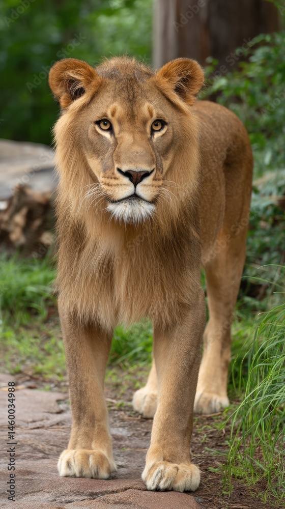 Majestic Young Lion Stares Intently Standing in a Lush Green Habitat with Powerful Paws Majestic Young Lion Stares Intently Standing in a Lush Green Habitat with Powerful Paws