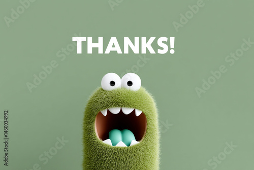 Cartoon character with thanks text on green background. Fluffy monster with open mouth and big eyes says thanks photo
