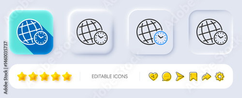 Time zone line icon. Neumorphic, Flat shadow, 3d buttons. World clock sign. Watch symbol. Line time zone icon. Social media icons. Vector