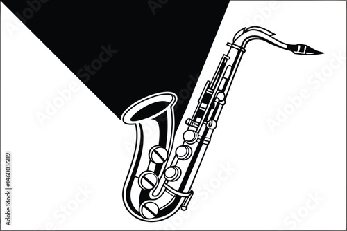 59 Silhouette of a saxophone, black and white illustration, musical instrument, jazz icon, smooth curves, detailed keys and mechanisms, side profile, iconic shape, minimalist design, high contrast, ve