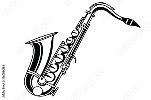 59 Silhouette of a saxophone, black and white illustration, musical instrument, jazz icon, smooth curves, detailed keys and mechanisms, side profile, iconic shape, minimalist design, high contrast, ve