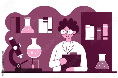 Focused scientist in lab coat conducting chemical experiment with test tubes and beakers, science research illustration