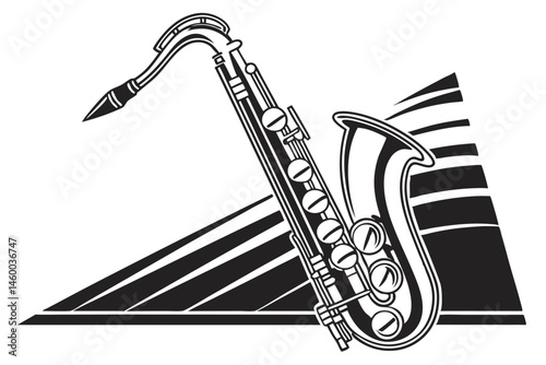 59 Silhouette of a saxophone, black and white illustration, musical instrument, jazz icon, smooth curves, detailed keys and mechanisms, side profile, iconic shape, minimalist design, high contrast, ve