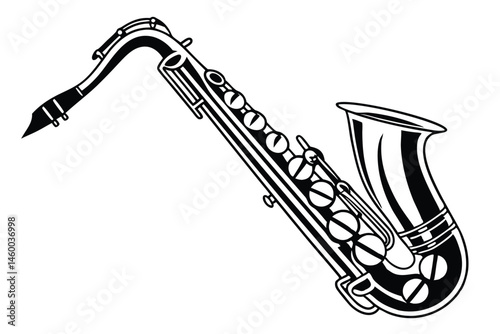 59 Silhouette of a saxophone, black and white illustration, musical instrument, jazz icon, smooth curves, detailed keys and mechanisms, side profile, iconic shape, minimalist design, high contrast, ve