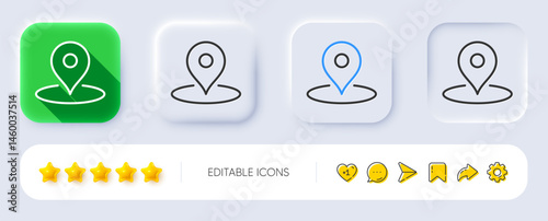 Map pin line icon. Neumorphic, Flat shadow, 3d buttons. Trip point sign. Journey location pointer symbol. Line pin icon. Social media icons. Vector