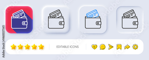 Wallet with Credit card line icon. Neumorphic, Flat shadow, 3d buttons. Cash money sign. Payment method symbol. Line debit card icon. Social media icons. Vector