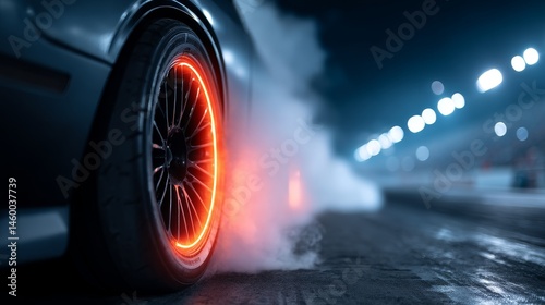 Glowing Wheel Night Race - Close up of a car wheel with glowing orange rim, smoke trailing behind, on a race track at night