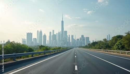 Asphalt highway leads towards modern city skyline. Road trip, transportation theme. Plants, trees frame highway. Urban landscape, metropolitan area, architecture, travel, destination, building.