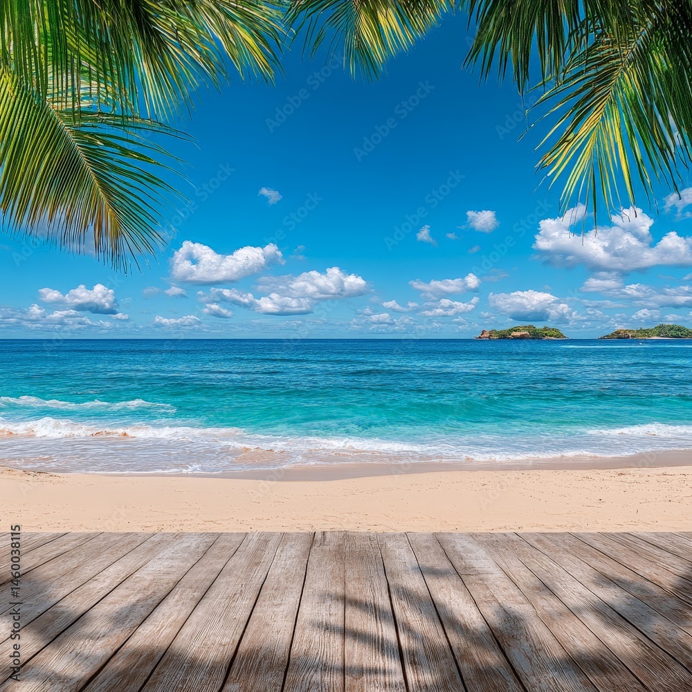 Fototapeta premium Wooden Table on a Beach with Palm Leaves and Ocean View