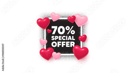 Discount photo frame banner. Square picture love frame. 70 percent discount offer tag. Sale price promo sign. Special offer symbol. 3d hearts balloons. Vector