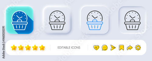 Last minute sale line icon. Neumorphic, Flat shadow, 3d buttons. Shopping opening hours sign. Supermarket time symbol. Line last minute icon. Social media icons. Vector