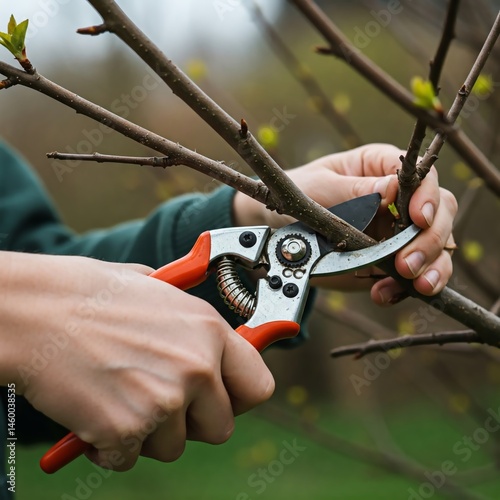 Close-up of gardener’s hands pruning tree branches with sharp shears in soft spring light, showing detail, texture, and focus with a calm, natural background.