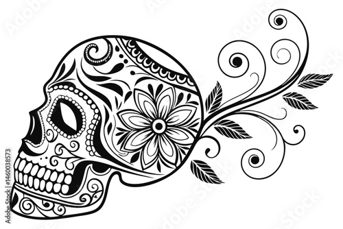 60 Intricate sugar skull, Day of the Dead design, ornate floral patterns, symmetrical mandala, black and white illustration, highly detailed swirls, circular composition, gothic aesthetic, Mexican fol