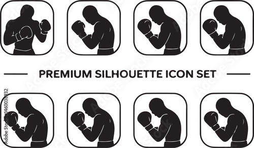 Silhouette Icon Set of a Boxer Throwing a Punch — Minimalist Boxing Action Icons

